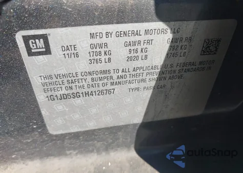 2017 Chevrolet Sonic Lt Auto z USA, uszkodzony, nr VIN 1G1JD5SG1H4126767